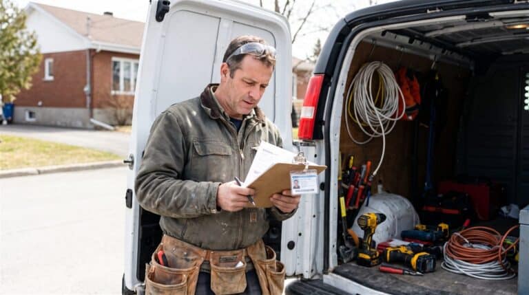 Un technicien vérifie sa carte de qualification à l'arrière de son camion, certificats de qualification au Québec