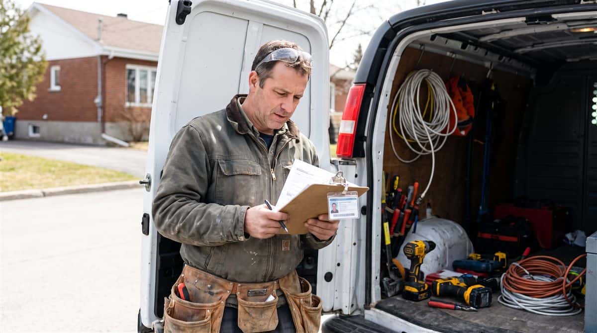 Un technicien vérifie sa carte de qualification à l'arrière de son camion, certificats de qualification au Québec