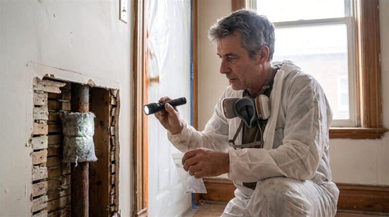Entrepreneur en combinaison blanche inspecte à la lampe un calorifuge gris derrière un mur ouvert — amiante sur chantier