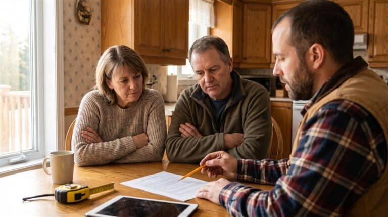 Entrepreneur québécois pointe une ligne d'une soumission devant un couple de propriétaires sceptiques, dans une cuisine