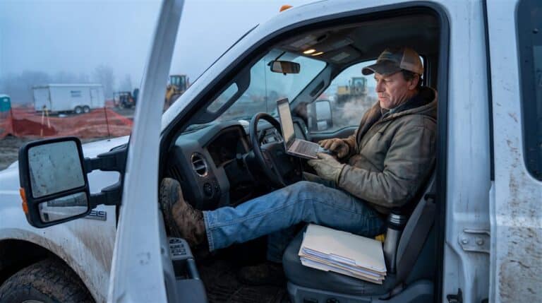 Entrepreneur assis dans son camion de travail consulte un portable, dossiers de contrats sur le siège passager
