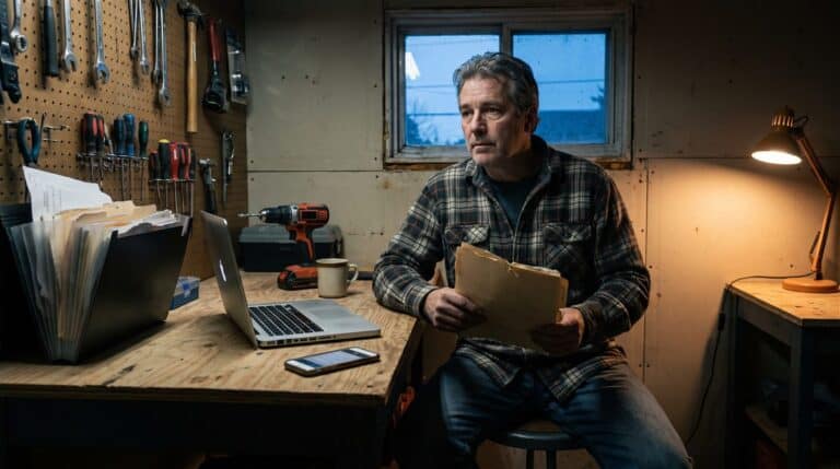 Entrepreneur québécois tient un dossier client dans son atelier, classeur de papiers et portable sur l'établi