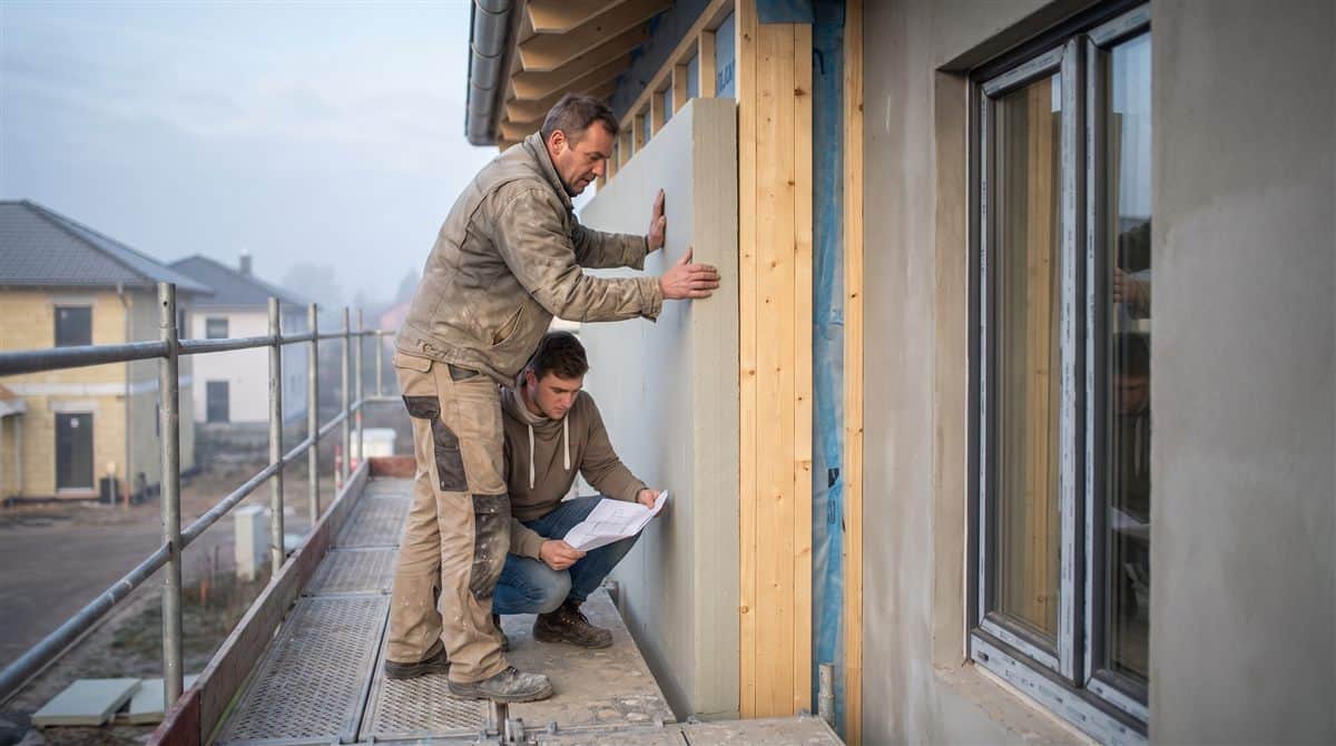 Deux artisans posent l'isolation extérieure d'une maison neuve soumise à la RE2020 en France