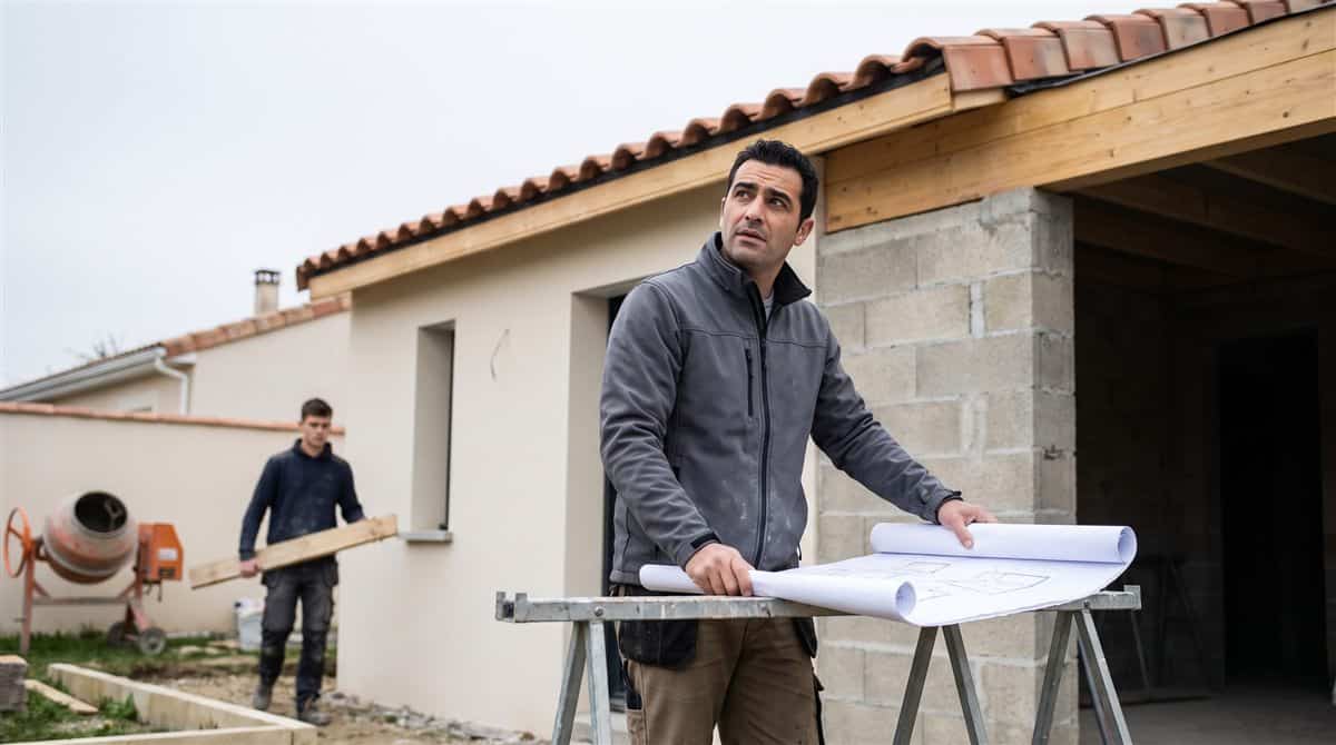 Artisan consultant les plans d'une extension avant dépôt de la déclaration préalable