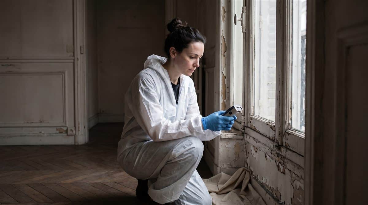 Diagnostiqueuse réalisant un diagnostic plomb sur une fenêtre ancienne écaillée