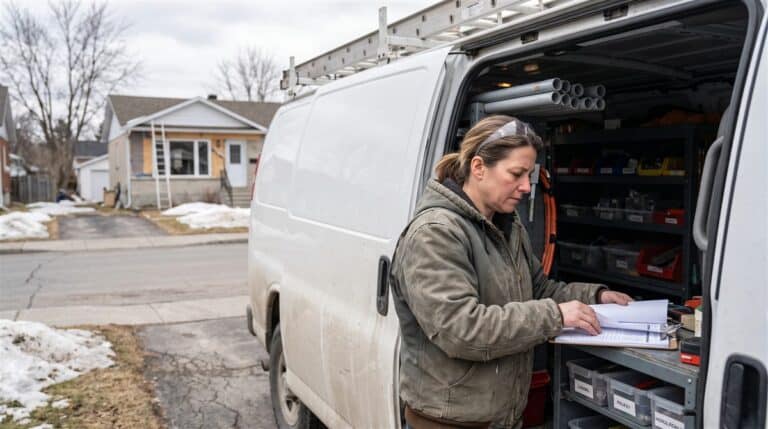 Entrepreneure spécialisée québécoise consultant ses documents de licence RBQ à l'arrière de sa camionnette de travail