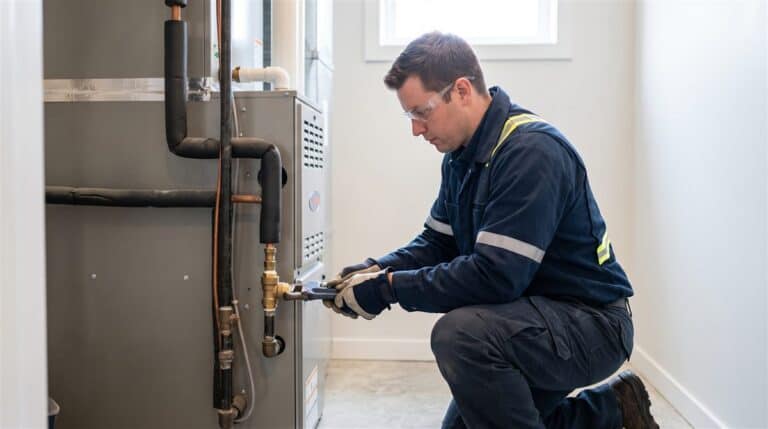 Technicien détenant une licence gaz Québec inspecte le raccordement d'une fournaise au gaz naturel
