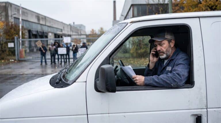Entrepreneur québécois dans sa camionnette devant une usine en grève, contrat en main, ligne de piquetage en arrière-plan — loi anti-briseurs de grève