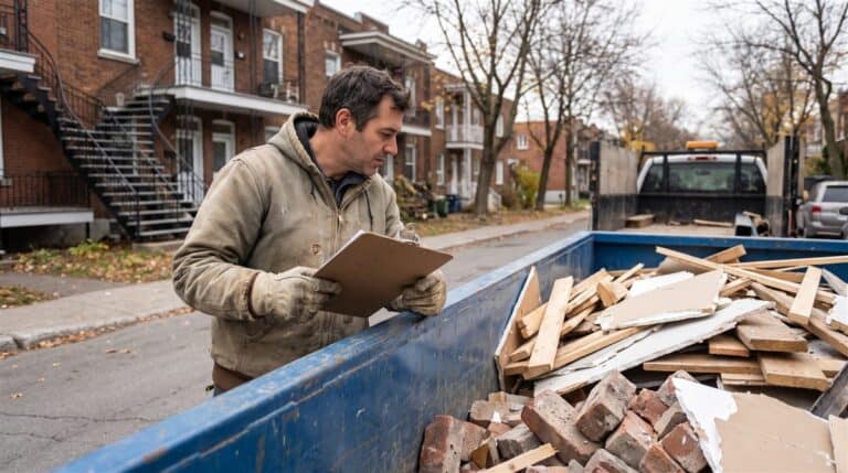 Entrepreneur québécois inspectant les matières résiduelles dans un conteneur de chantier devant un triplex en rénovation
