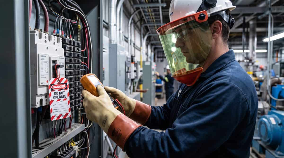 Électricien appliquant la norme CSA Z462 avec écran facial et cadenassage devant un panneau électrique