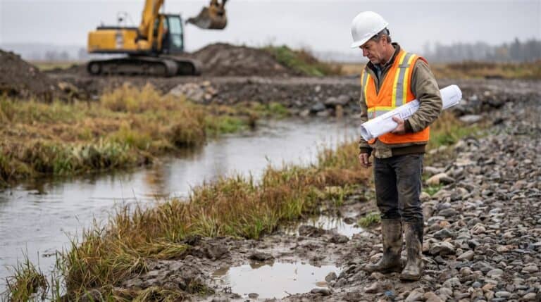 Entrepreneur vérifiant un permis environnemental entrepreneur Québec sur un chantier près d'un cours d'eau
