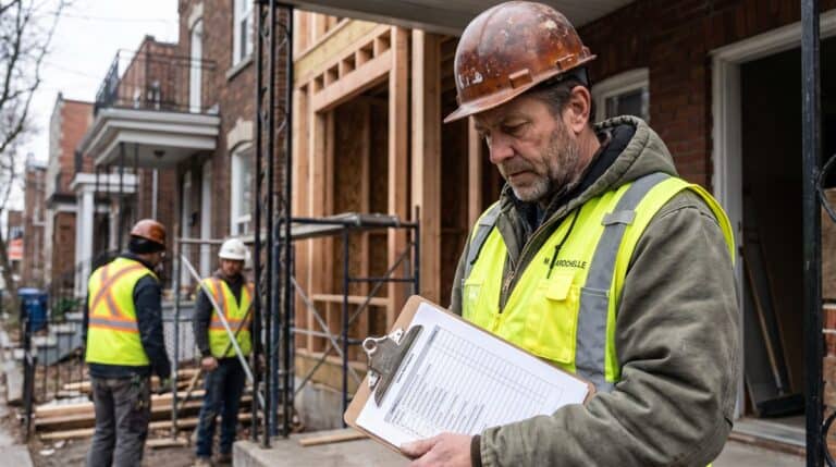 Un maître d'œuvre vérifie sa checklist de sécurité à l'entrée d'un chantier, plan de sécurité chantier au Québec