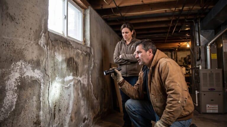 Entrepreneur québécois examinant à la lampe une fissure et des traces d'eau sur un mur de fondation, propriétaire inquiète derrière lui