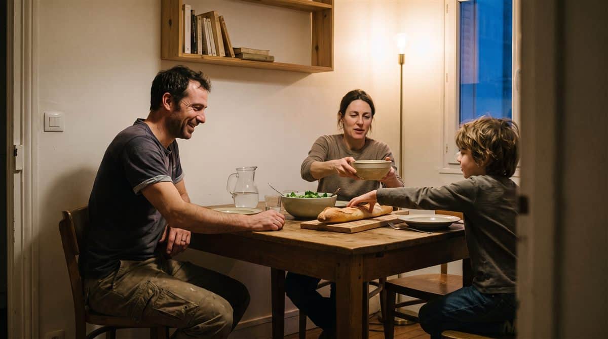 Artisan français dînant en famille le soir, encore en tenue de travail