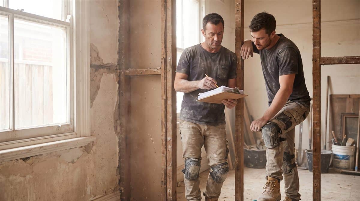 Deux artisans du bâtiment comparent un document de chantier devant un mur décloisonné