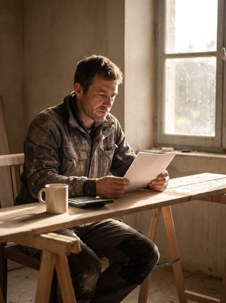 Artisan sous-traitant relisant une facture en autoliquidation à son bureau de chantier