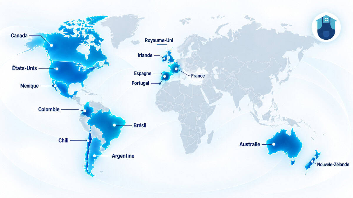 Carte mondiale SendWork avec les 14 pays actifs surlignés en cyan – France, États-Unis, Canada, Irlande, Royaume-Uni, Portugal, Espagne, Mexique, Colombie, Chili, Argentine, Brésil, Australie, Nouvelle-Zélande