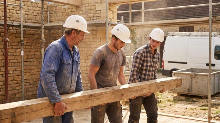 Trois compagnons du bâtiment portent ensemble une poutre en bois sur un chantier ensoleillé