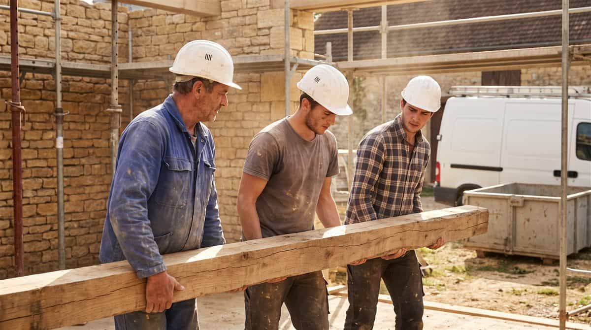 Trois compagnons du bâtiment portent ensemble une poutre en bois sur un chantier ensoleillé