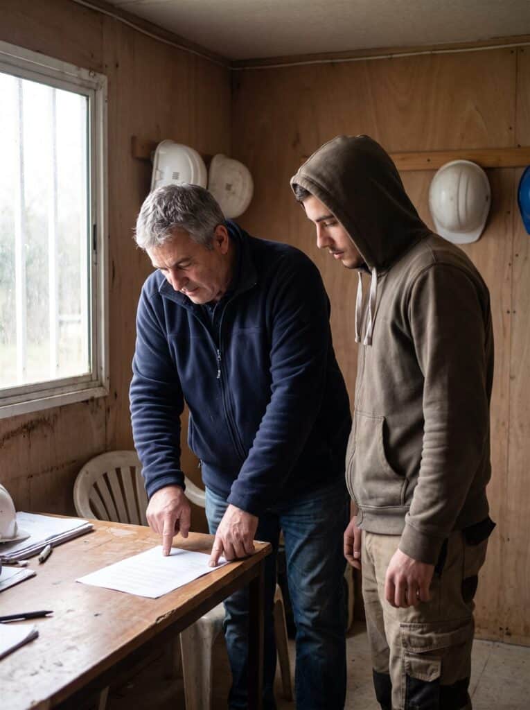 Chef d'entreprise et salarié vérifient un décompte de congés payés au bureau de chantier