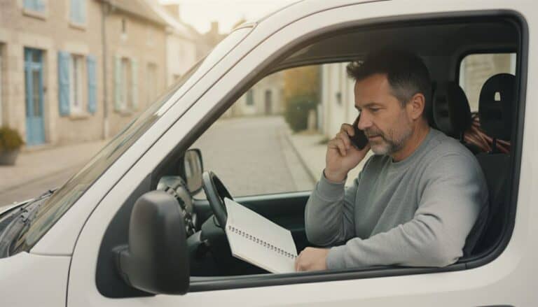 Plombier chauffagiste au téléphone dans son utilitaire blanc, un carnet ouvert sur le volant, dans une rue de village