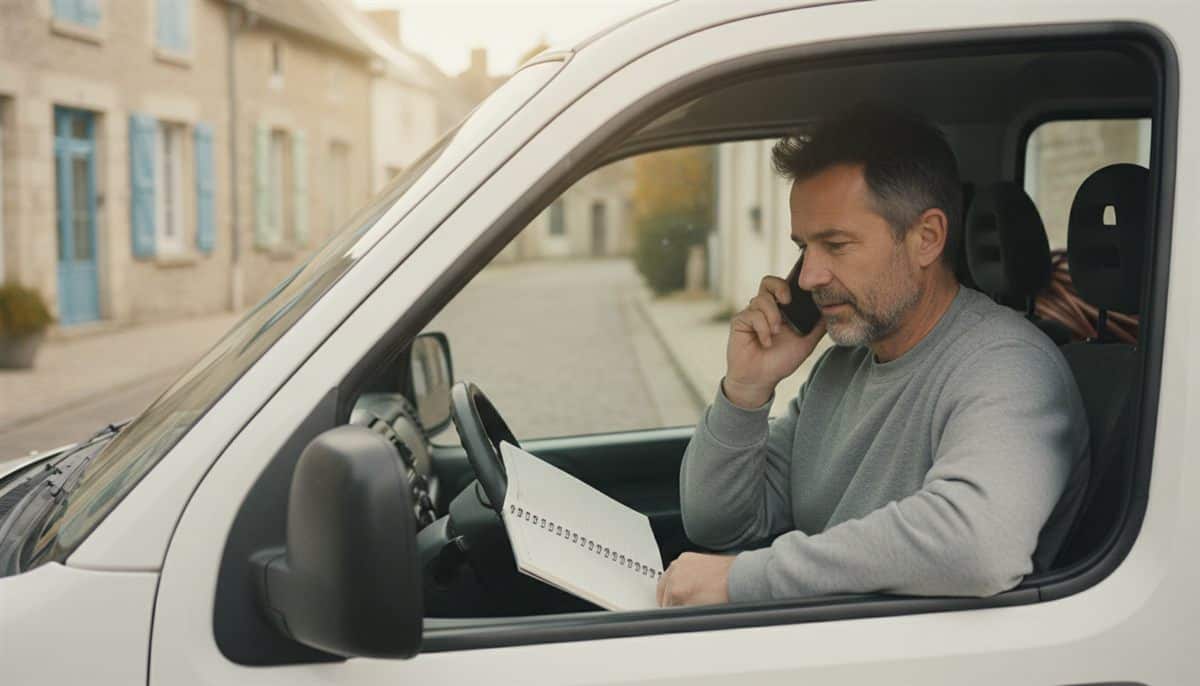 Plombier chauffagiste au téléphone dans son utilitaire blanc, un carnet ouvert sur le volant, dans une rue de village