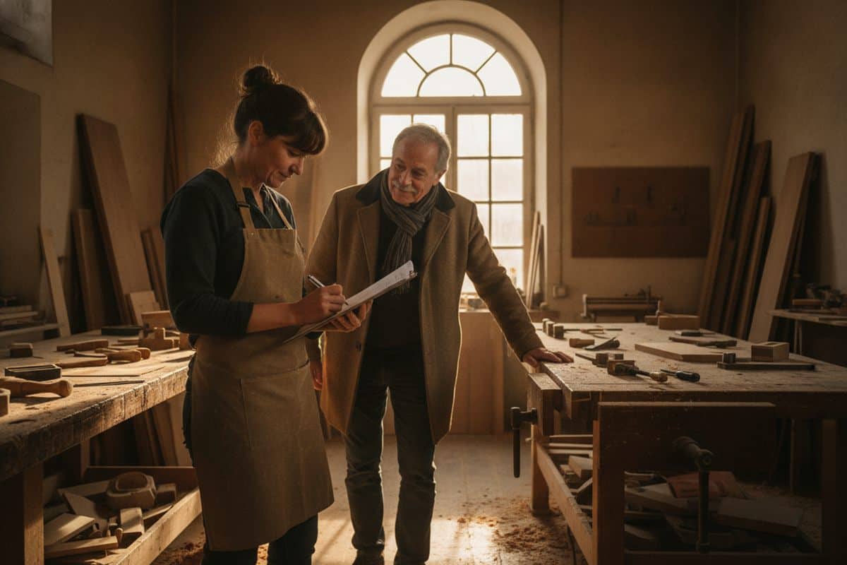 Menuisière en tablier remplissant un formulaire devant un client dans son atelier