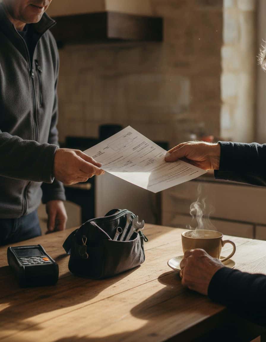 Chauffagiste remettant une attestation d'entretien à un client autour d'une table de cuisine