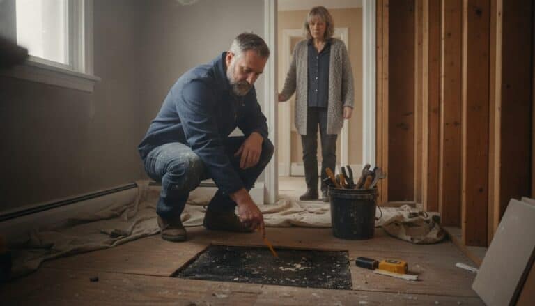 Entrepreneur accroupi montrant un sous-plancher abîmé à une propriétaire dans une salle de bain en rénovation à Montréal