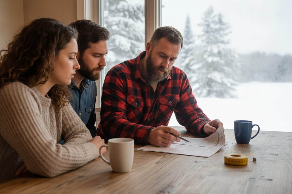 Entrepreneur en chemise à carreaux passant en revue une soumission avec un couple à la table de cuisine en hiver