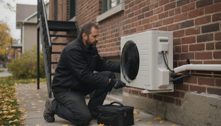 Technicien vérifiant le raccord d'une thermopompe extérieure fixée au mur de brique d'un duplex montréalais