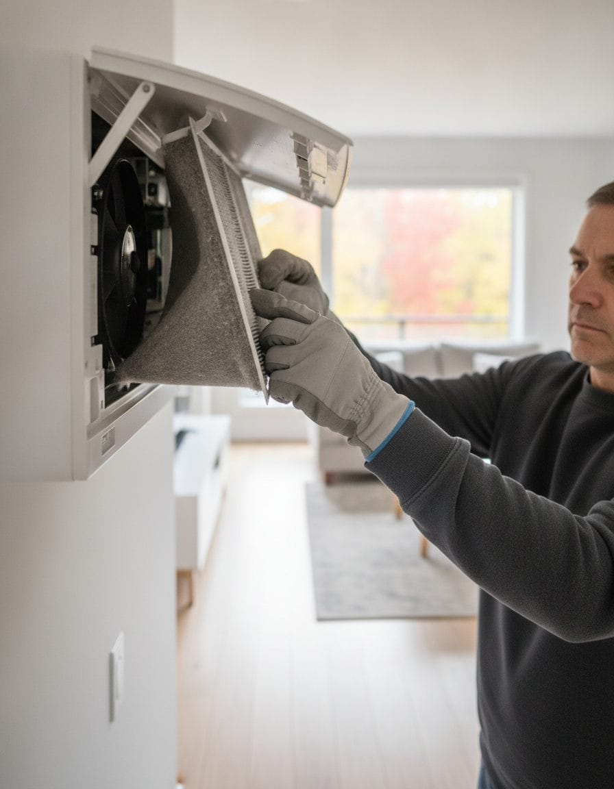 Technicien retirant le filtre poussiéreux d'une thermopompe murale dans un salon québécois