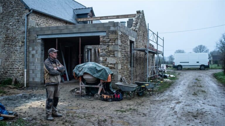 Artisan seul devant une extension de maison à l'arrêt, bétonnière bâchée et échafaudage vide