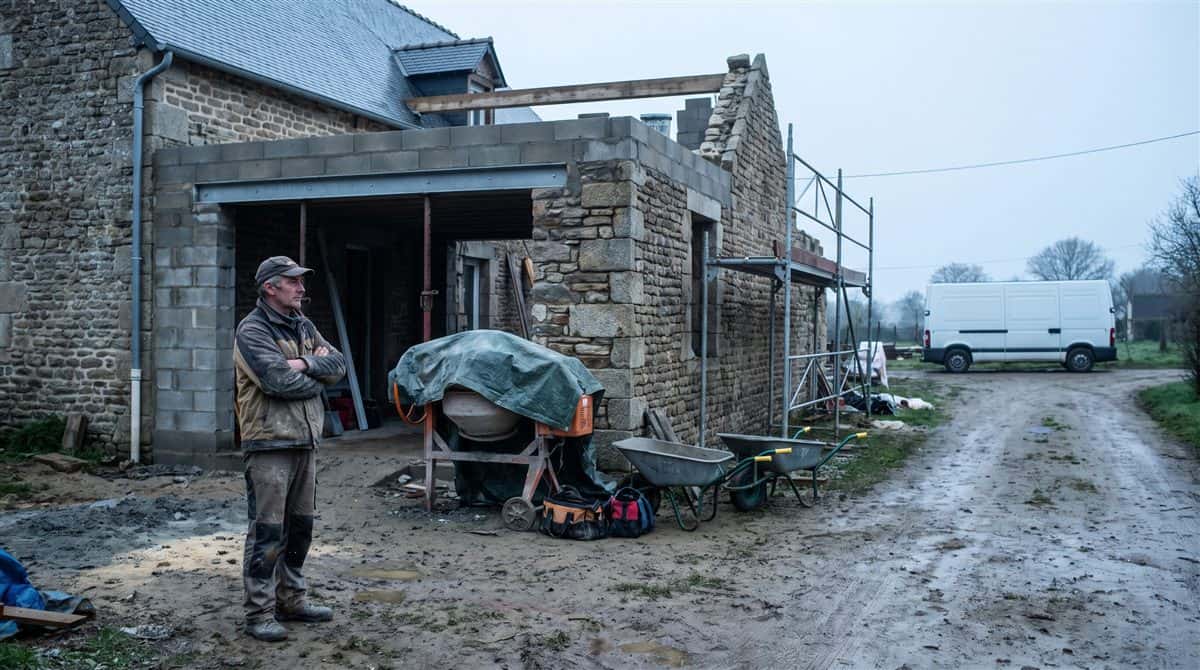 Artisan seul devant une extension de maison à l'arrêt, bétonnière bâchée et échafaudage vide