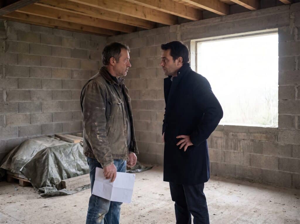 Artisan et maître d'ouvrage face à face sur un chantier arrêté faute de garantie de paiement