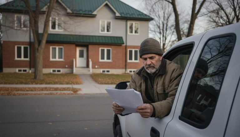 Sous-traitant en tuque lisant des papiers à la portière de sa camionnette devant un immeuble rénové au Québec