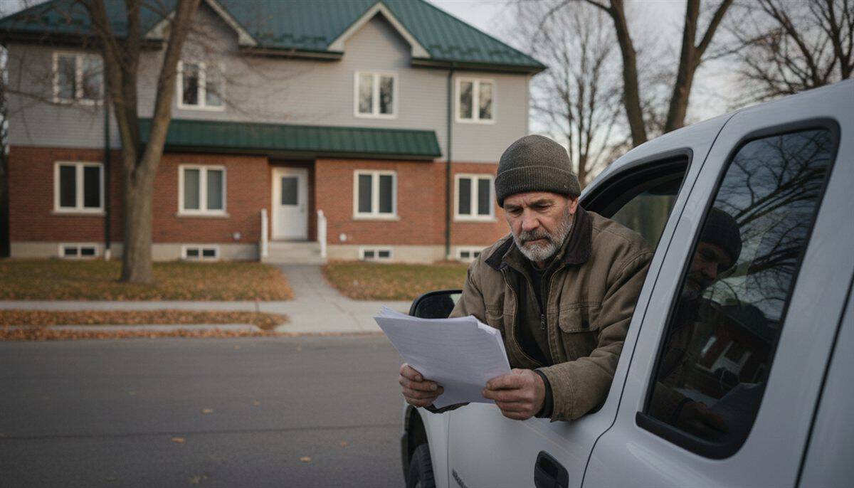 Sous-traitant en tuque lisant des papiers à la portière de sa camionnette devant un immeuble rénové au Québec