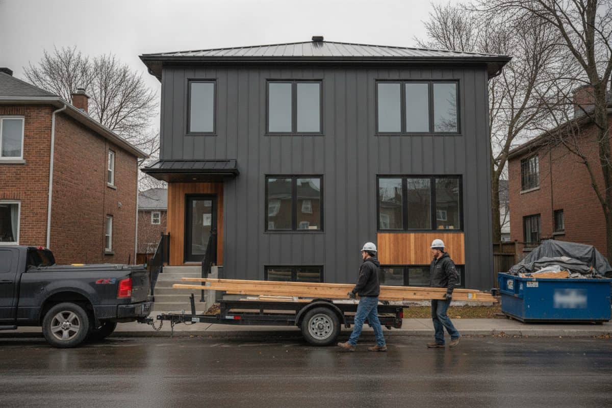 Deux ouvriers chargent les dernières planches sur une remorque devant un immeuble rénové au Québec