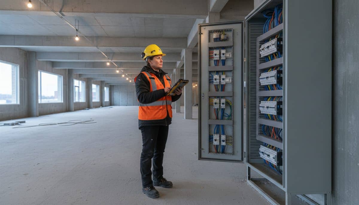 Maître électricienne en casque et dossard devant un panneau de distribution ouvert dans un bâtiment commercial en construction