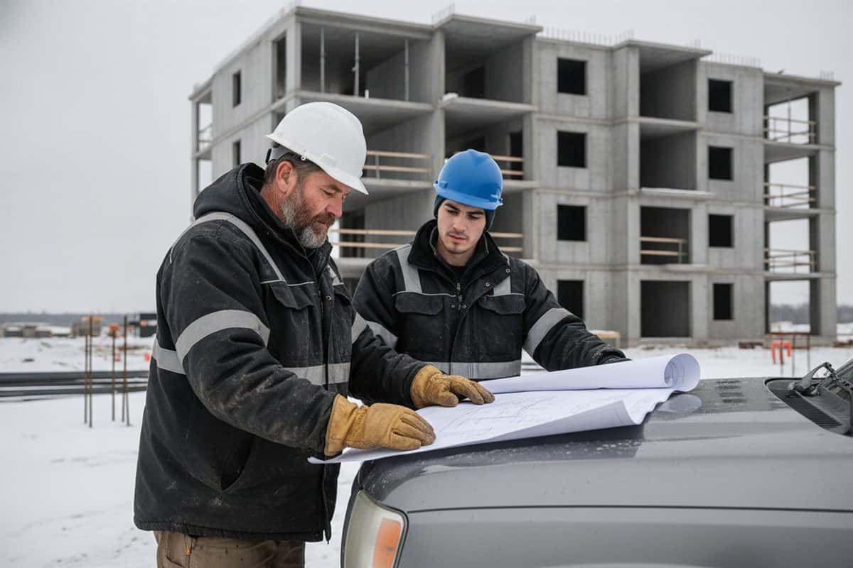 Entrepreneur général et jeune surintendant déroulant des plans sur le capot d'une camionnette devant un chantier enneigé