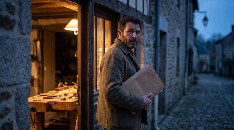 Artisan sur le seuil de son atelier à la tombée du jour, dossier de factures sous le bras