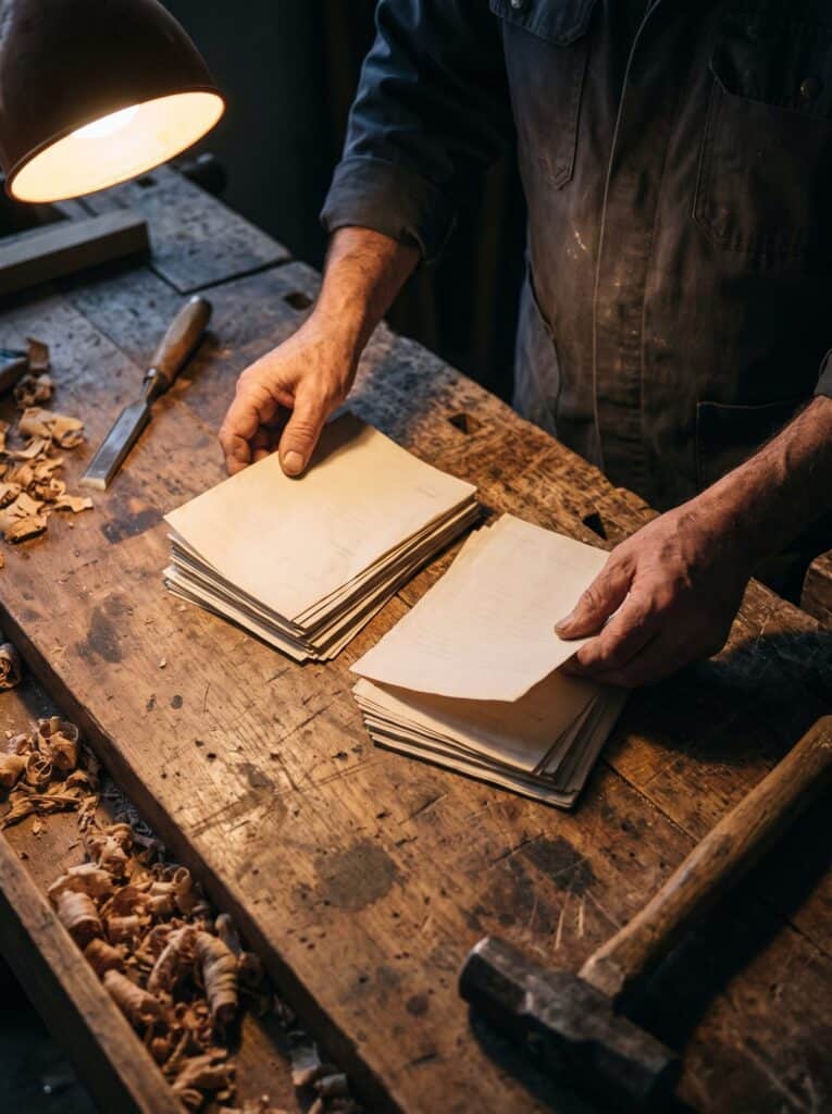 Mains d'artisan triant des factures papier avant leur bascule vers une plateforme agréée