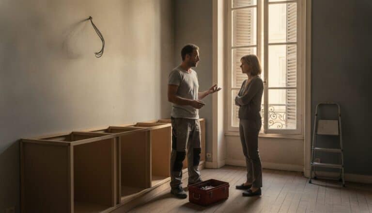 Artisan en t-shirt gris discutant avec une cliente aux bras croisés dans une cuisine en travaux inachevée