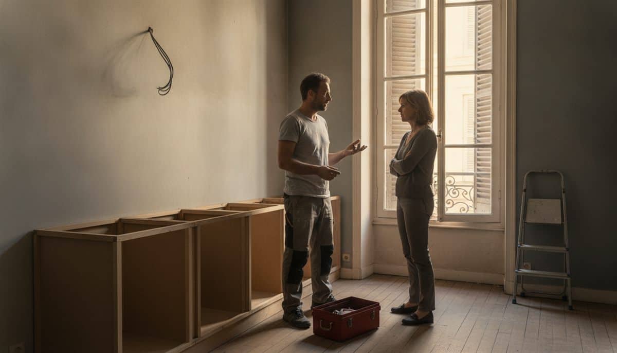 Artisan en t-shirt gris discutant avec une cliente aux bras croisés dans une cuisine en travaux inachevée
