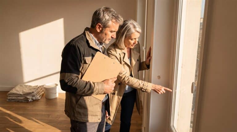 Entrepreneur et cliente inspectent une finition de fenêtre dans un logement fraîchement livré