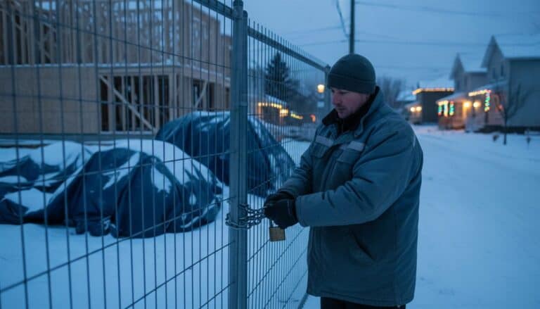 Entrepreneur en tuque cadenassant la clôture d'un chantier résidentiel enneigé au crépuscule, devant des maisons décorées de lumières de Noël