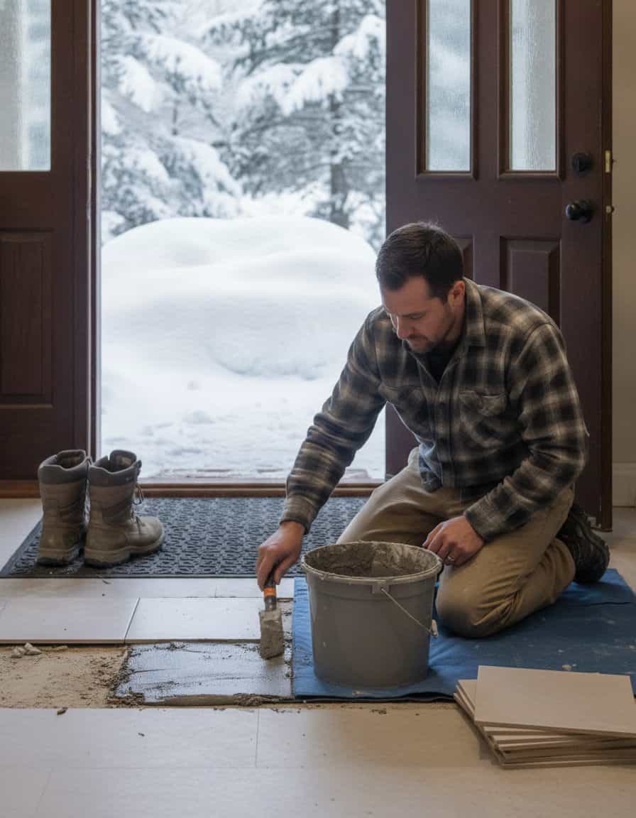 Ouvrier à genoux remplaçant des tuiles de céramique dans l'entrée d'une maison au Québec, la neige visible par la porte