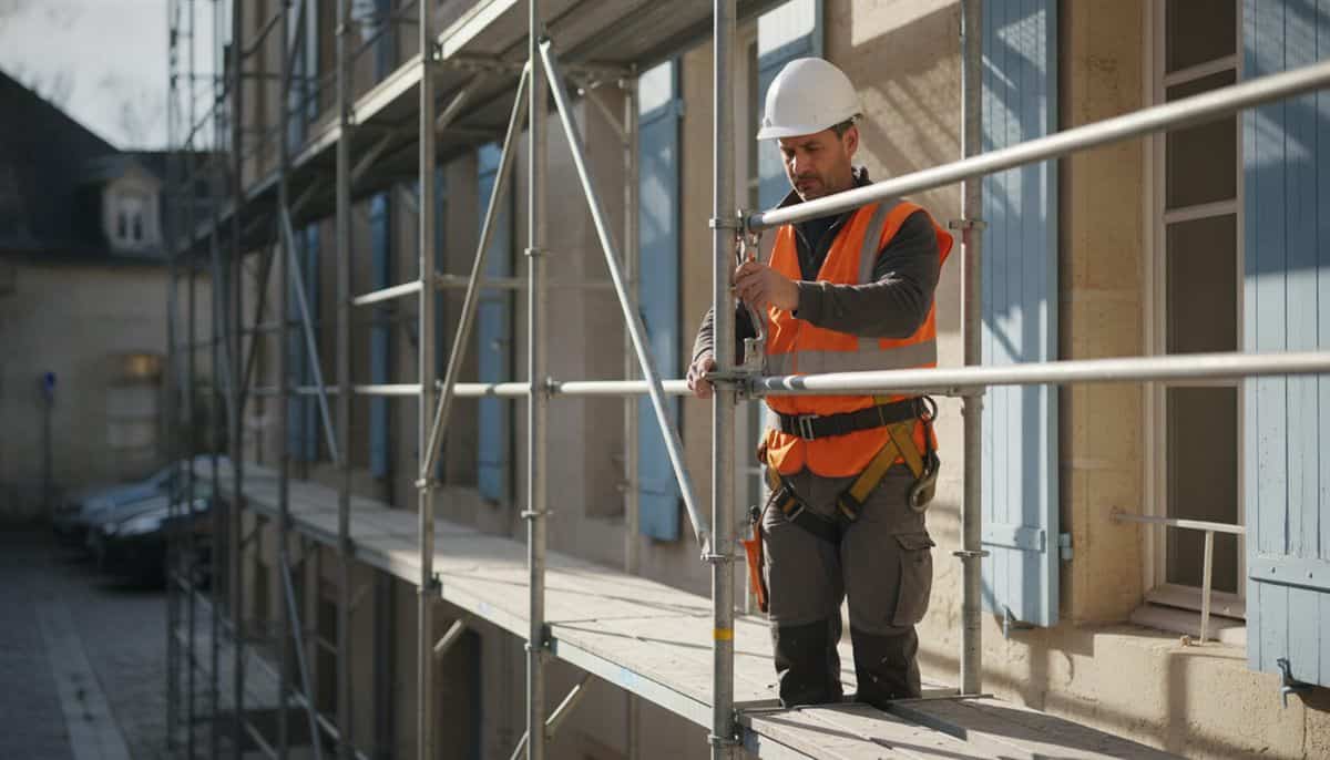 Ouvrier casqué et harnaché contrôlant un collier de garde-corps sur un échafaudage de façade en pierre