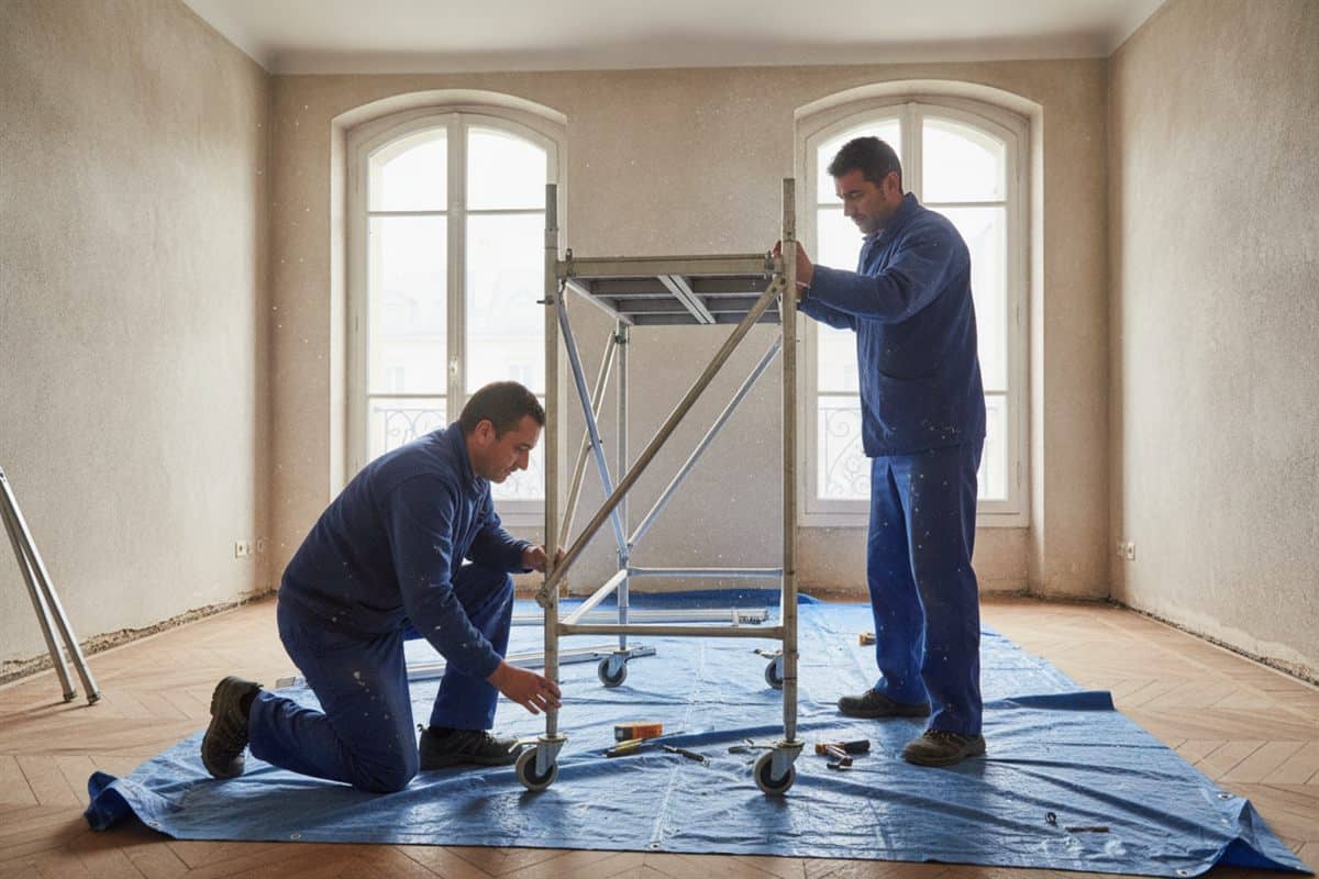 Deux artisans montant un échafaudage roulant en aluminium dans un appartement en rénovation