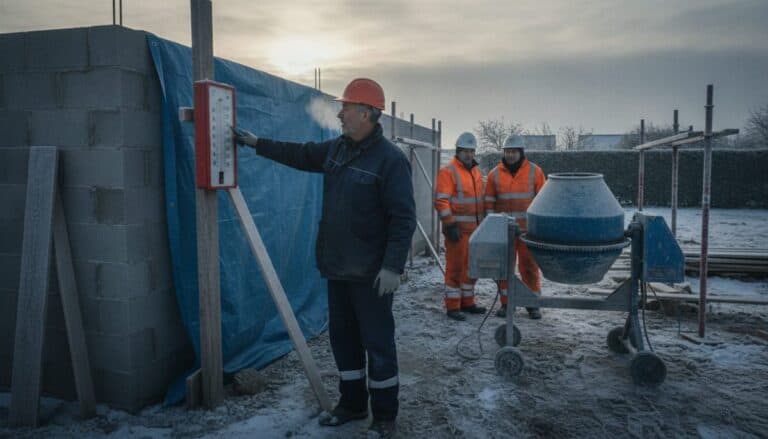Chef d'entreprise de maçonnerie qui montre un thermomètre sous zéro sur un chantier givré, deux ouvriers en gilet orange qui attendent près d'une bétonnière à l'arrêt